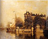 Johannes Christiaan Karel Klinkenberg Moored Sailing Vessels Along A Quay, Amsterdam painting